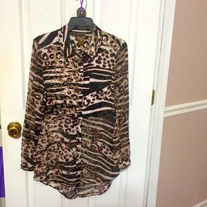 Multiples ladies long sleeve button down top with high low hem; size: medium